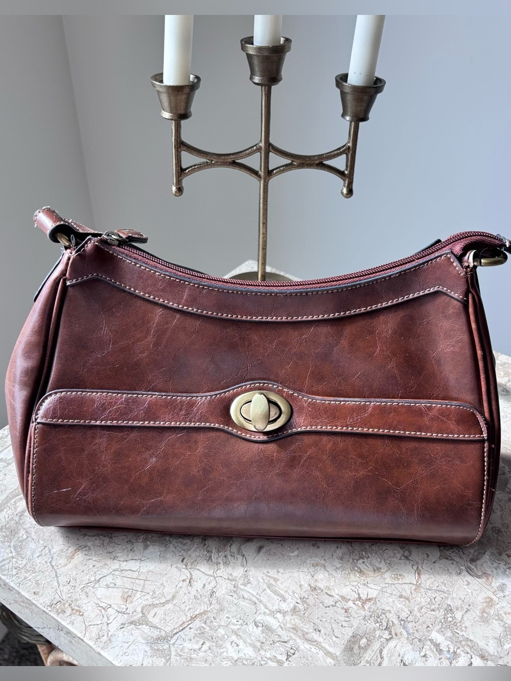 Classic Structured Leather Shoulder Bag - Brown